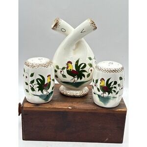 Napco 1952 Mid-Century Hand Painted Salt and Pepper Vinegar Oil Set Rooster Farm